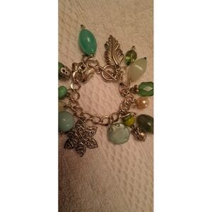 Teal Green Beaded Charm Bracelet Snowflake Leaf Toggle Clasp